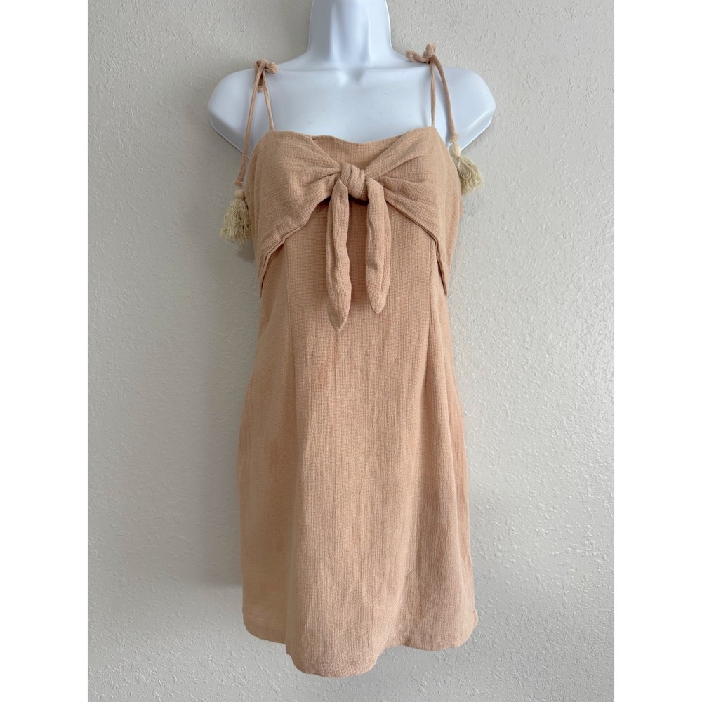Saints + Secrets beige Cotton Tie Front Tassel Mini Dress Size M
